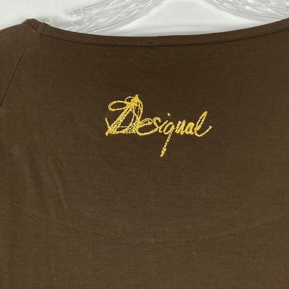 NWT DESIGUAL Top EU L~US M Brown Floral Rhinestone Art Tie-Bow-Side Long-Sleeve - Picture 9 of 11